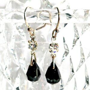 Crystal & Black Faceted Bead Silver Drop Earrings 1.5" x.25"